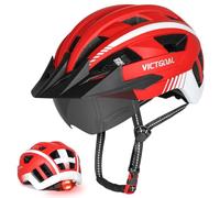 VICTGOAL Bike Helmet MTB Helmet with Removable Magnetic Goggles Detachable Sun Visor and LED Rear Light Road Bike Helmet for Adult Men Women Safety Helmet (Red, XL: 59-63 cm)