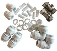 Victor George Homes Plumbing Push Fit 15mm DIY Assorted Fittings. 2 x Stop Ends, 2 x Straight Couplers, 2 x 90 Deg Bends, 10 x Pipe Inserts, 10 x PTFE Grommets, 2 x Shut Off Valve