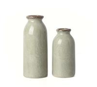 VICTOR & TERESA Green Ceramic Vases Home Decor, Farmhouse Vase for Flowers, Flower Vase Set of 2, Rustic Decorative Vases for Pampas Grass, Table, Living Room, Shelf, Centerpieces, 8 inch
