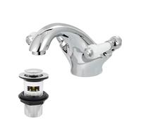Victoria Bathroom Sink Tap for Basin with Pop Up Sink Plug Dual Handle Chrome Brass Swan Neck Bathroom Tap Mixer Traditional Basin Mixer Tap 032ANCR