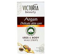 Victoria Beauty Hair Removal Legs and Body Wax Strips with NATURAL BEESWAX and ARGAN OIL 20 pcs + 2 Almond Oil Wipes - SENSITIVE SKIN Owners