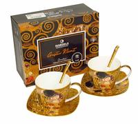 Victoria Bella Set of 2 Porcelain Tea Coffee Cups 8.3 oz with 3.75" Saucers and Spoons, G. Klimt Collection by Marsseus The Kiss, Gift Box