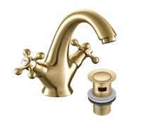 Victoria Golden Bathroom Sink Tap for Basin with Pop Up Sink Plug Dual Cross Lever Gold Brass Swan Neck Bathroom Tap Mixer Traditional Basin Mixer Tap 662WGO