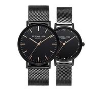 VICTORIA HYDE Couple Watches for Men Women Genuine Leather Strap Stainless Steel Mesh Band His and Hers Waterproof Quartz Wristwatch Gifts Set for Lovers, Black, Modern, Minimalist