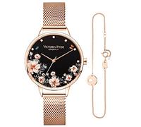 VICTORIA HYDE Quartz Watches for Women Floral Dial with Stainless Steel Mesh Band Genuine Leather Strap Waterproof Ladies Wristwatch, Rosegold+bracelet, Quartz Watches