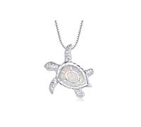 Victoria Jewelry [Health and Longevity 925 Sterling Silver Created Blue Opal Sea Turtle Pendant Necklace 18", Birthstone Jewelry for Women(White), Sterling Silver