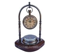 Victoria London Antique Analog Desk & Shelf Clock With Compass And Wooden Base, Vintage Look Victoria London 1915 Nautical Ship Clock.