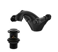 Victoria Matte Black Bathroom Sink Tap for Basin, Dual Handle | Pop Up Sink Plug, Brass, Swan Neck, Traditional Basin Mixer Tap, 032ABK
