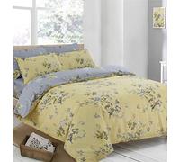 Victoria Printed Yellow and Grey Floral Double Duvet Cover & Pillowcase Bedding Set