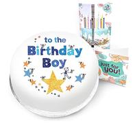 Victoria Sponge birthday boy themed birthday cake - A delicious traditional vanilla sponge cake with buttercream and a rich apple and raspberry jam, serves 10-12 portions. Baked by bakerdays.