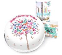 Victoria Sponge butterfly tree themed birthday cake - A delicious traditional vanilla sponge cake with buttercream and a rich apple and raspberry jam, serves 10-12 portions. Baked by bakerdays.