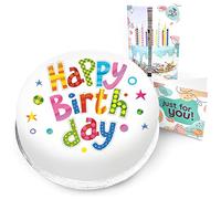 Victoria Sponge happy birthday themed cake - A delicious traditional vanilla sponge cake with buttercream and a rich apple and raspberry jam, serves 10-12 portions. Baked by bakerdays.