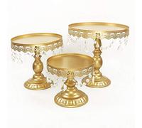 Victoria Style Antique Golden Crystal Cake Stand, Round Plate Metal Dessert Cupcake Pedestal Wedding Party Display with Crystals (Golden, 3PCS)