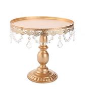Victoria Style Antique Golden Crystal Cake Stand, Round Plate Metal Dessert Cupcake Pedestal Wedding Party Display with Crystals (Golden, S)