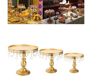 Victoria Style Antique Golden Crystal Cake Stand, Round Plate Metal Dessert Cupcake Pedestal Wedding Party Display with Crystals (Golden, L)