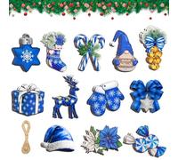 Victorian 24 Pc Xmas Tree Decorations - Wooden Vintage Christmas Decorations with Strings, Dark Blue
