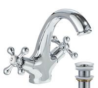 Victorian Basin Mixer Tap Chrome Dual Cross Handle Bathroom Faucet | Traditional Victorian Monobloc Basin Mixer Tap, Single Hole Monobloc Tap with Pop up Waste for Bathroom Sink
