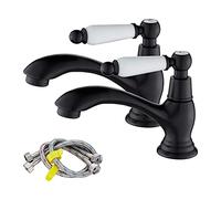 Victorian Bathroom Basin Pillar Taps, A Pair of Sink Tap with Ceramic Lever | Traditional Faucet for Washroom, 1/4 Turn, Retro Style, Flexible Hoses, Solid Brass, Matte Black