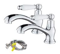Victorian Bathroom Basin Pillar Taps, A Pair of Sink Tap with Ceramic Lever | Traditional Faucet for Washroom, 1/4 Turn, Retro Style, Flexible Hoses, Solid Brass, Chrome Finished