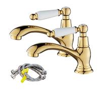 Victorian Bathroom Basin Pillar Taps, A Pair of Sink Tap with Ceramic Lever | Traditional Faucet for Washroom, 1/4 Turn, Retro Style, Flexible Hoses, Solid Brass, Polished Gold