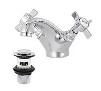 Victorian Bathroom Sink Tap for Basin with Pop Up Sink Plug Dual Cross Lever Chrome Brass Swan Neck Bathroom Tap Mixer Traditional Basin Mixer Tap 044CR