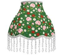 Victorian Bell Scalloped Lamp Shade with Acrylic Bead Droplets, 13" Bottom Diameter, Metal Harp & 2 Ring Adapters Included, Forest Green Fabric with Floral & Lattice Pattern