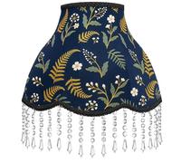 Victorian Bell Scalloped Light Shade with Acrylic Bead Droplets, 33cm Bottom Diameter, Metal Harp & 2 Ring Adapters Included, Midnight Navy Fabric with Golden Leaf Pattern