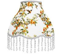 Victorian Bell Scalloped Light Shade with Acrylic Bead Droplets, 33cm Bottom Diameter, Metal Harp & 2 Ring Adapters Included, White Fabric with Hummingbird & Blossom Pattern