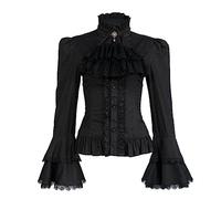 Victorian Blouse Womens Gothic Pirate Shirt Vintage Long Sleeve Lotus Ruffle Tops, 010 Black, L