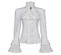 Victorian Blouse Womens Gothic Pirate Shirt Vintage Long Sleeve Lotus Ruffle Tops, 010 White, XL