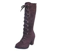 Victorian Boots for Women 70s Vintage Lace Up Mid Calf Boots Halloween Renaissance Cosplay Witch Shoes Solid Color Point Toe Comfortable Chunky Heel Long Booties with Side Zipper