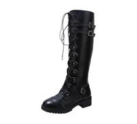 Victorian Boots for Women 70s Vintage Lace Up Mid Calf Boots Halloween Renaissance Cosplay Witch Shoes Solid Color Point Toe Comfortable Chunky Heel Long Booties with Side Zipper