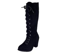 Victorian Boots for Women 70s Vintage Lace Up Mid Calf Boots Halloween Renaissance Cosplay Witch Shoes Solid Color Point Toe Comfortable Chunky Heel Long Booties with Side Zipper