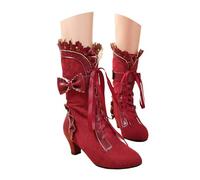 Victorian Boots for Women Lace Up Renaissance Sweet Bow Goth Vintage Ruffles Costume Mid Heels Granny Boots Bow Ruffles Goth Witch Mid Calf 70s Low Heel Shoes