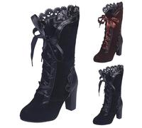 Victorian Boots for Women Lace Up Renaissance Sweet Bow Goth Vintage Ruffles Costume Mid Heels Granny Boots Bow Ruffles Goth Witch Mid Calf 70s Low Heel Shoes