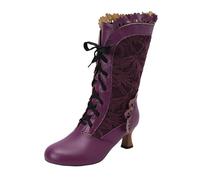 Victorian Boots for Women Lace Up Renaissance Sweet Bow Goth Vintage Ruffles Costume Mid Heels Granny Boots Bow Ruffles Goth Witch Mid Calf 70s Low Heel Shoes