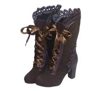 Victorian Boots for Women Lace Up Renaissance Sweet Bow Goth Vintage Ruffles Costume Mid Heels Granny Boots Bow Ruffles Goth Witch Mid Calf 70s Low Heel Shoes