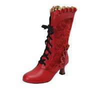Victorian Boots for Women Lace Up Renaissance Sweet Bow Goth Vintage Ruffles Costume Mid Heels Granny Boots Bow Ruffles Goth Witch Mid Calf 70s Low Heel Shoes