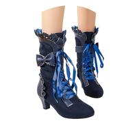 Victorian Boots for Women Lace Up Renaissance Sweet Bow Goth Vintage Ruffles Costume Mid Heels Granny Boots Bow Ruffles Goth Witch Mid Calf 70s Low Heel Shoes