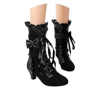 Victorian Boots for Women Lace Up Renaissance Sweet Bow Goth Vintage Ruffles Costume Mid Heels Granny Boots Bow Ruffles Goth Witch Mid Calf 70s Low Heel Shoes