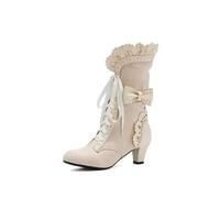 Victorian Boots for Women Lace up Round Toe Vintage Gothic Boots High Heels Mid Calf Boot for Wedding Christmas Prom Party Halloween Witch Costume