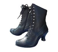 Victorian Boots for Women Pointed Toe Lace up Heeled Mid Calf Goth Booties | Vintage 70s Almond Toe Faux Leather Witch Granny Boots with Side Zipper Classic Costume Renaissance Medieval Festival Boots