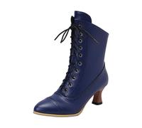 Victorian Boots for Women Pointed Toe Lace up Heeled Mid Calf Goth Booties | Vintage 70s Almond Toe Faux Leather Witch Granny Boots with Side Zipper Classic Costume Renaissance Medieval Festival Boots