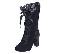 Victorian Boots For Women Uk, Lace Trim Vintage Gothic Boots Mid-Calf Lace-Up Round Toe Bow Ruffles Wedding Boot Mid Calf High Heels Shoes Bowknot Fashion Halloween Witch Footwear Outdoor
