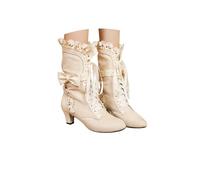 Victorian Boots,Mid-Calf Lace Up Round Toe Vintage Bow Ruffles Gothic Boots,Mid Heel Wedding Dress Booties,Halloween Witch Mid Calf Fall Winter Shoes,Short Shaft Pointed Steampunk Shoes