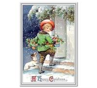 Victorian Children Christmas Card - Vintage Era Rare Kids scene - Unusual Old Fashioned Traditional Merry Xmas Best Greeting - Boy and Dog Design - Blank inside to write own message