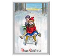 Victorian Children Christmas Card - Vintage Era Rare Kids scene - Unusual Old Fashioned Traditional Merry Xmas Best Greeting - Boy Girl Snow Design - Blank inside to write own message
