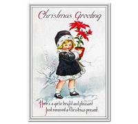 Victorian Children Christmas Card - Vintage Era Rare Kids scene - Unusual Old Fashioned Traditional Merry Xmas Best Greeting - Girl Poinsettia Design - Blank inside to write own message