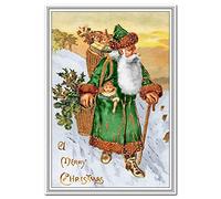 Victorian Christmas Card - Rare Old Vintage - Santa Suit Green theme - Traditional Merry Xmas Wishes Greeting Design - Blank inside to write own message - Victorian Era scene