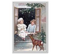 Victorian Christmas Card - White Tailed Deer theme - Vintage Rare Animal Design - Unusual Old Fashioned - Traditional Merry Xmas Wishes Greeting - Blank inside to write own message